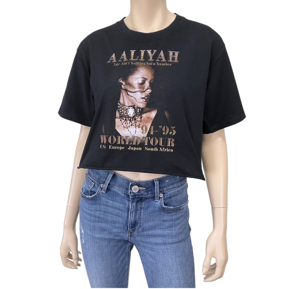 Aailyah Womens Black 94-95 World Tour Cutoff Crop Short Sleeve T-Shirt Size M